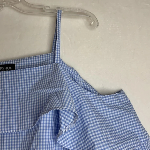 Topshop blue gingham plaid cold shoulder blouse top shirt size 6 - Picture 3 of 7